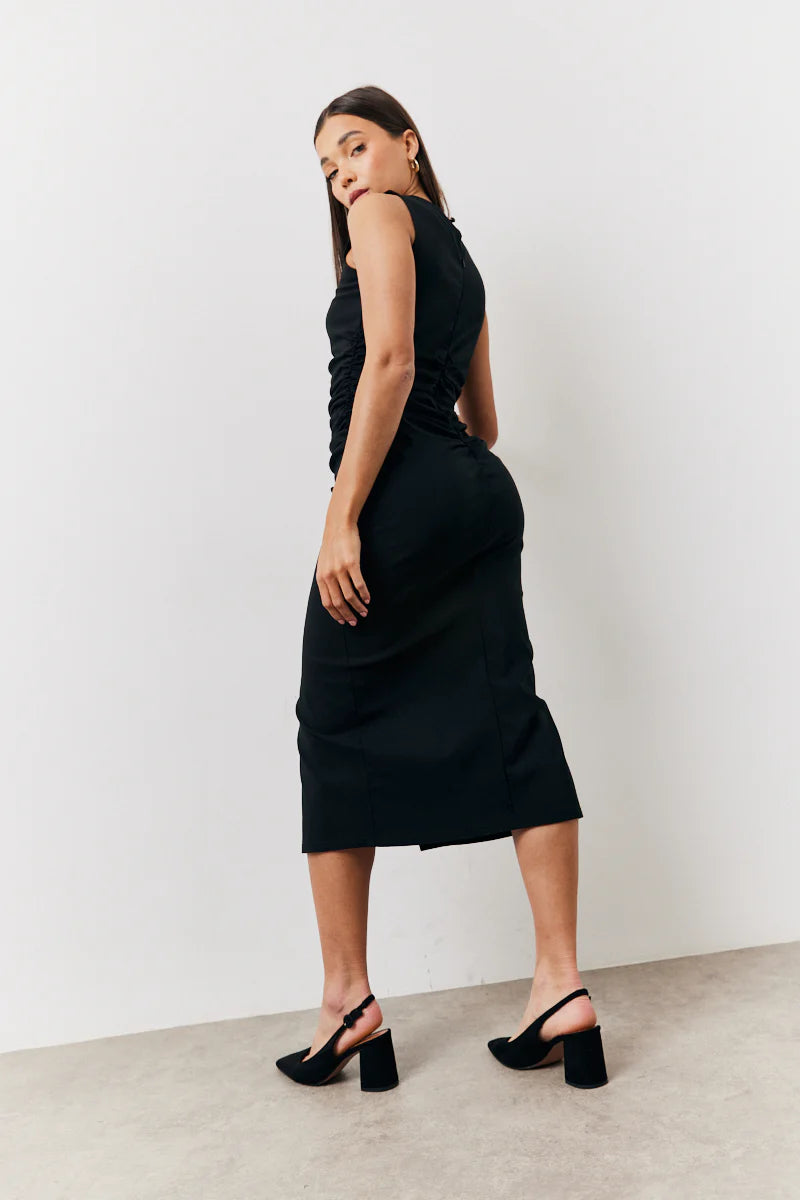 Black Bengaline Ruched Midi Dress