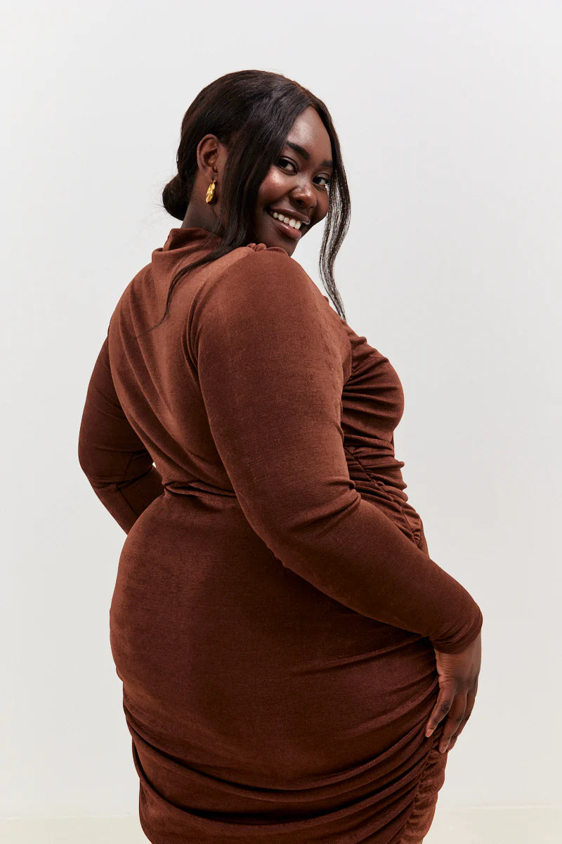 Acetate Slinky Drape Wrap Long Sleeve Mini Dress