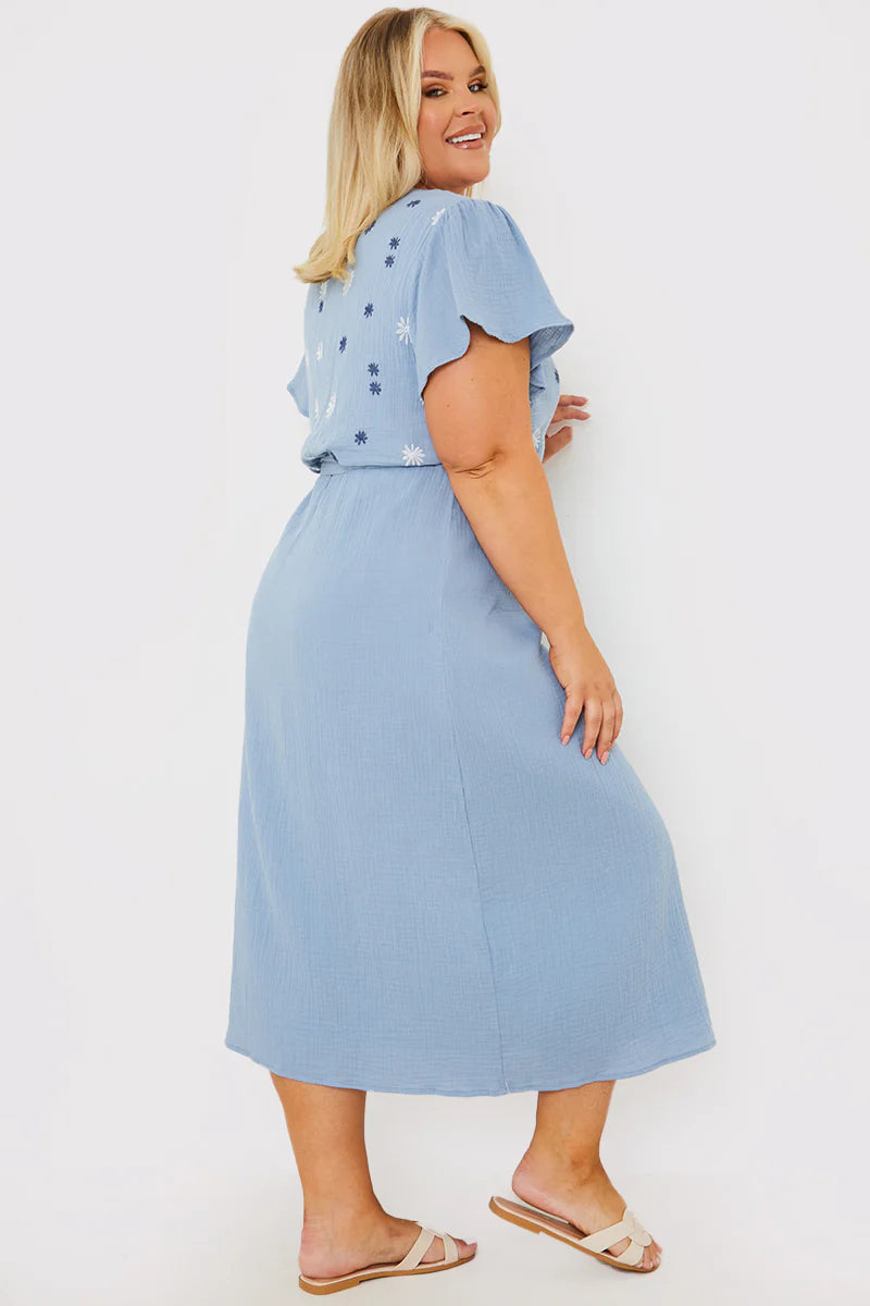 Floral Embroidered Wrap Midi Dress