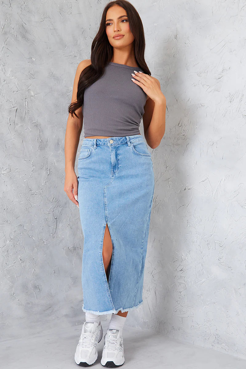 Denim Split Detail Midi Skirt