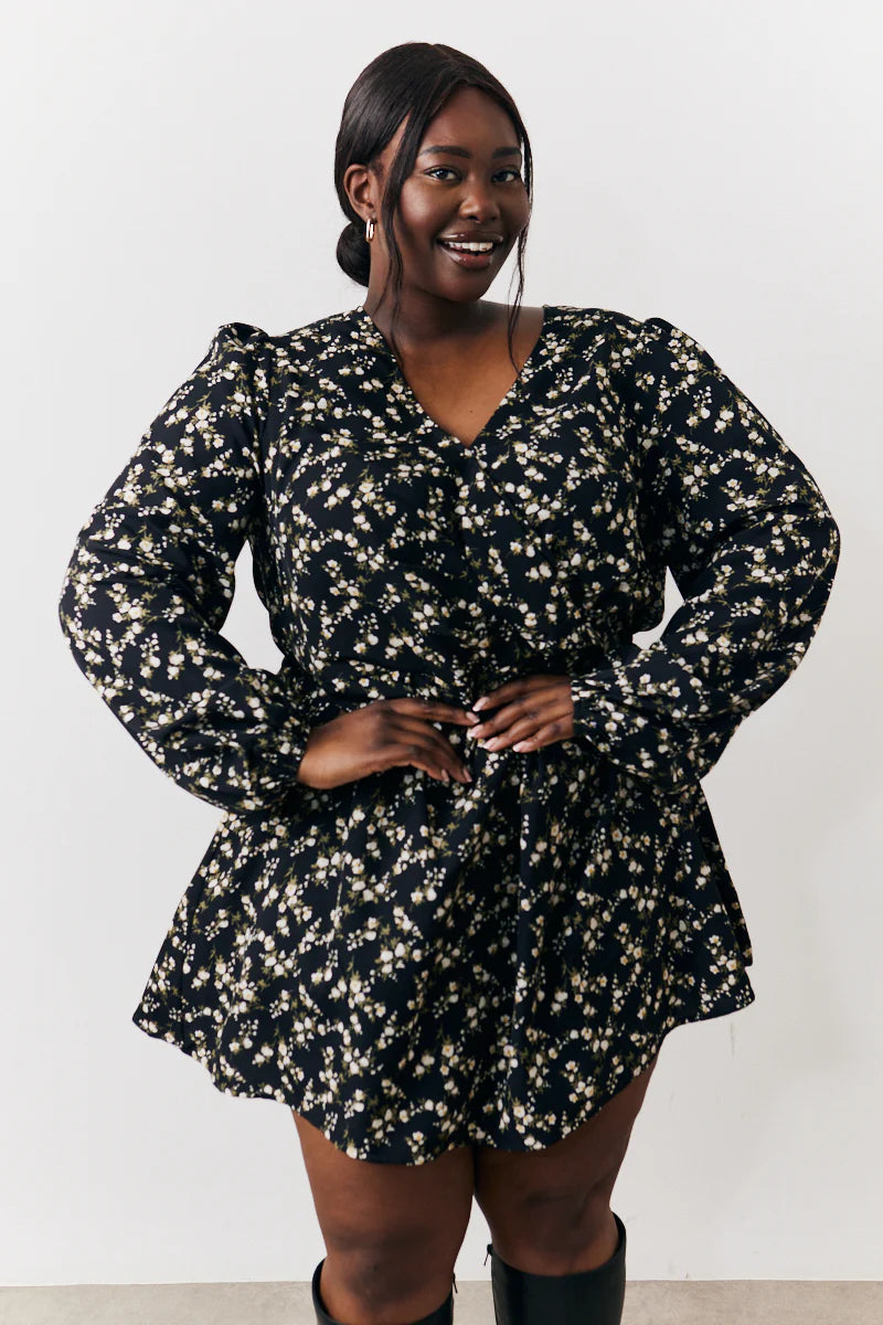 Black Ditsy Floral Printed Mini Wrap Front Dress