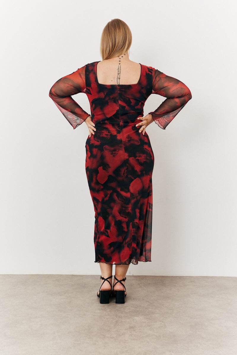 Abstract Print Mesh Open Back Detail Maxi Dress