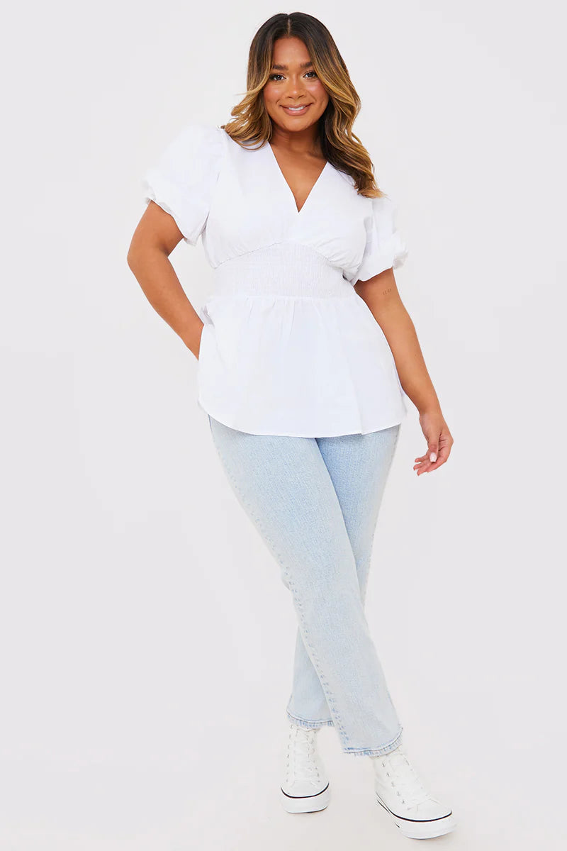 Poplin Shirred Waist Puff Sleeve Top