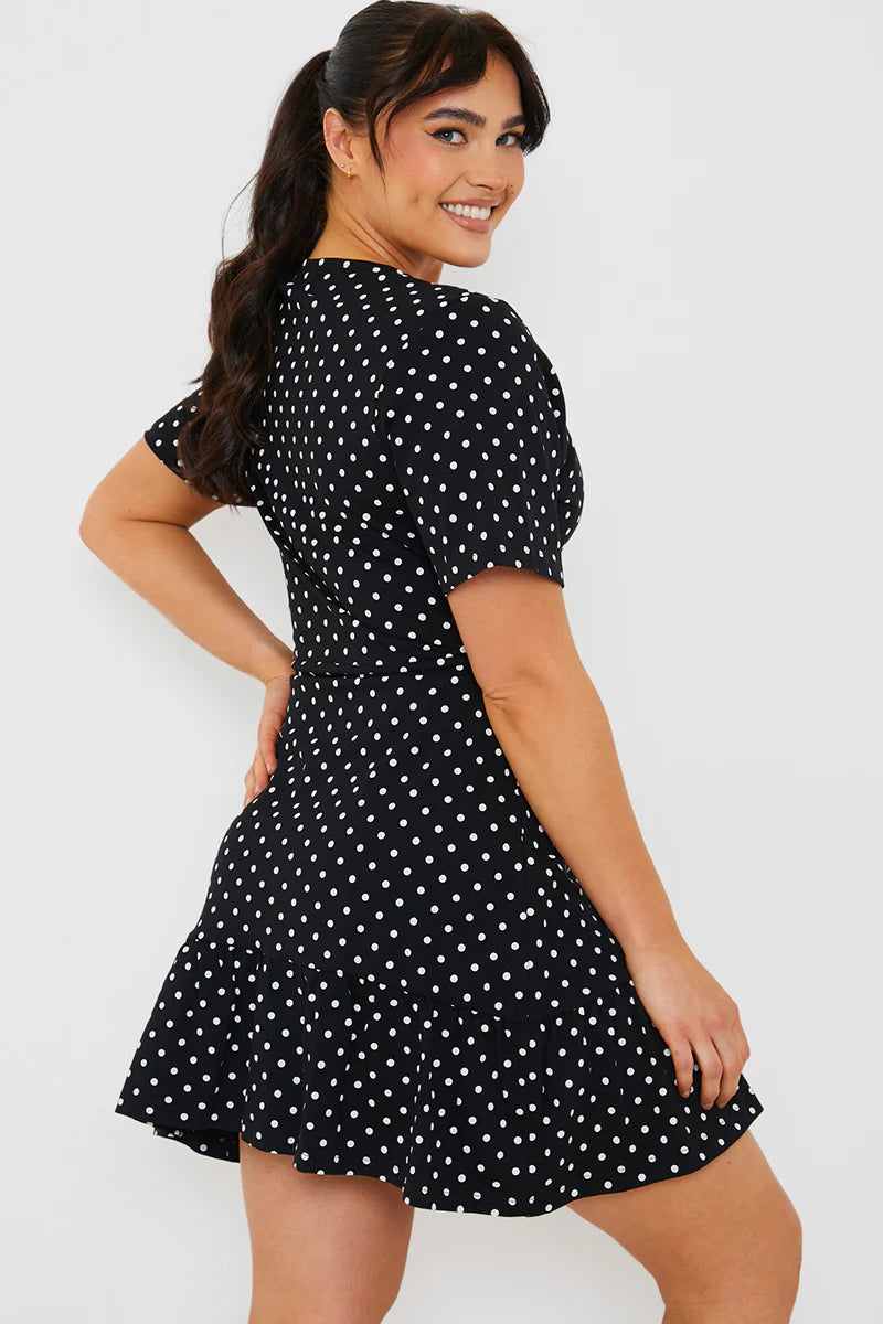 Polka Dot Print Short Sleeve Wrap Swing Dress