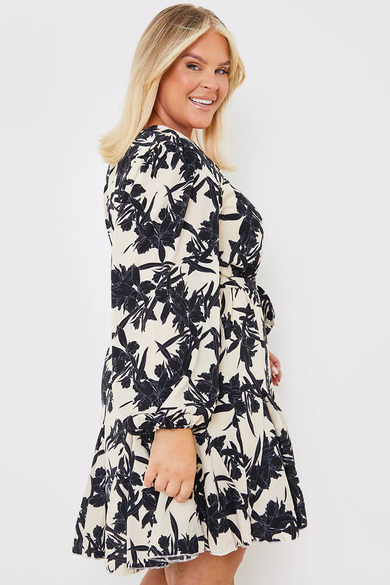 V Neck Balloon Sleeve Godet Mini Dress