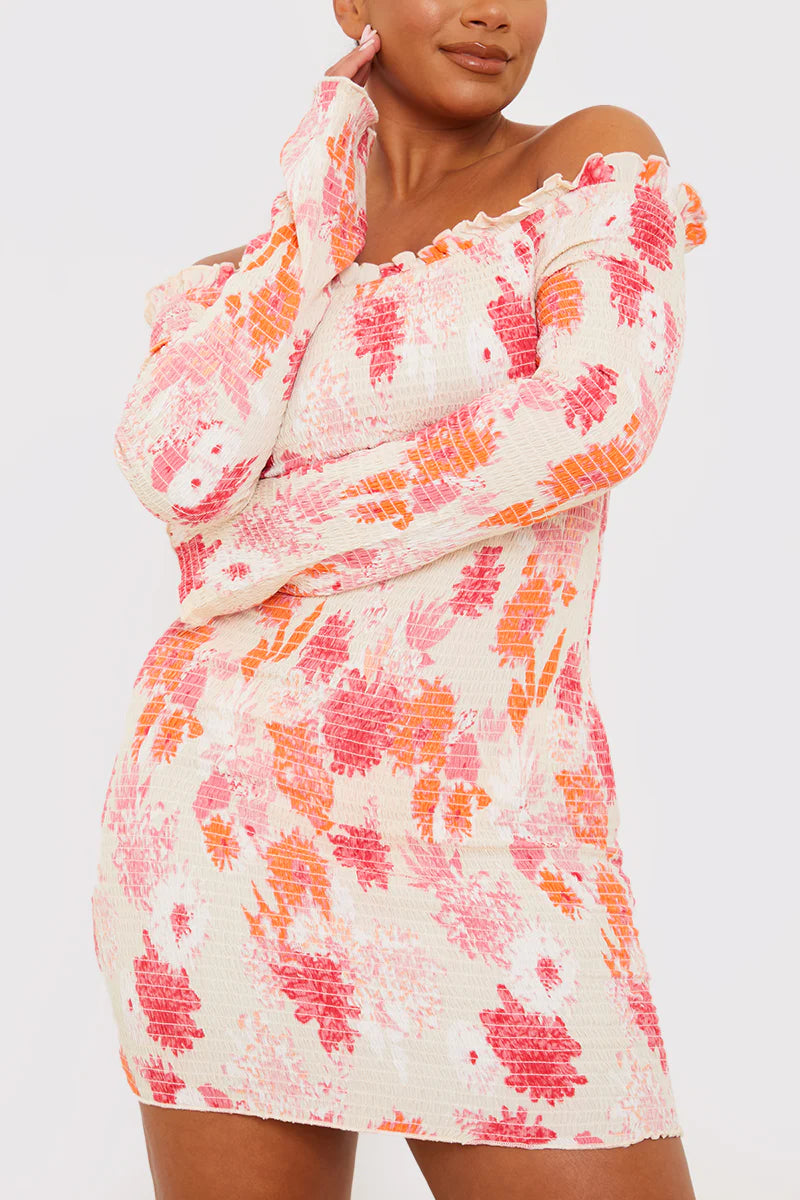 Floral Bardot Shirred Long Sleeve Mini Dress