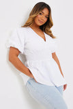 Poplin Shirred Waist Puff Sleeve Top