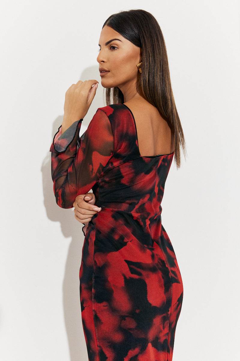 Abstract Print Mesh Open Back Detail Maxi Dress