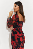 Abstract Print Mesh Open Back Detail Maxi Dress