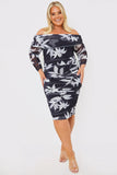 Floral Print Mesh Ruched Bardot Midi Dress