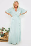 Satin Flutter Sleeve Tie Waist Wrap Dress