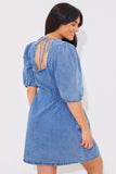 Denim V Neck Shirred Waist Tie Back Mini Dress