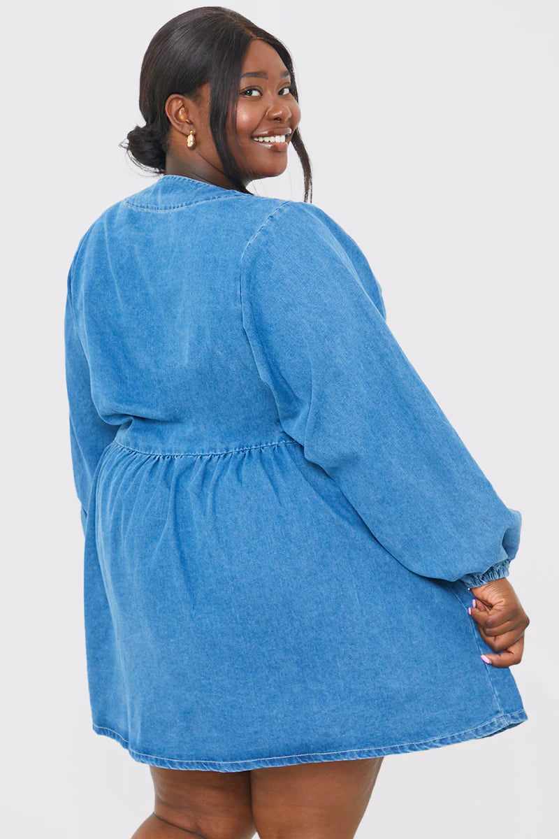 V NECK ZIP THORUGH DENIM MINI DRESS