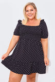 Polka Dot Shirred Bust Puff Sleeve Swing Dress