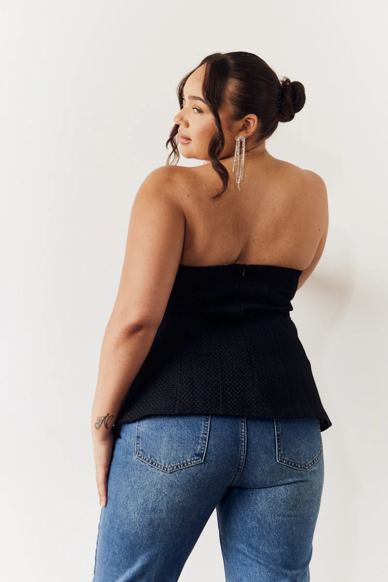 Black Boucle Bow Detail Bandeau Top