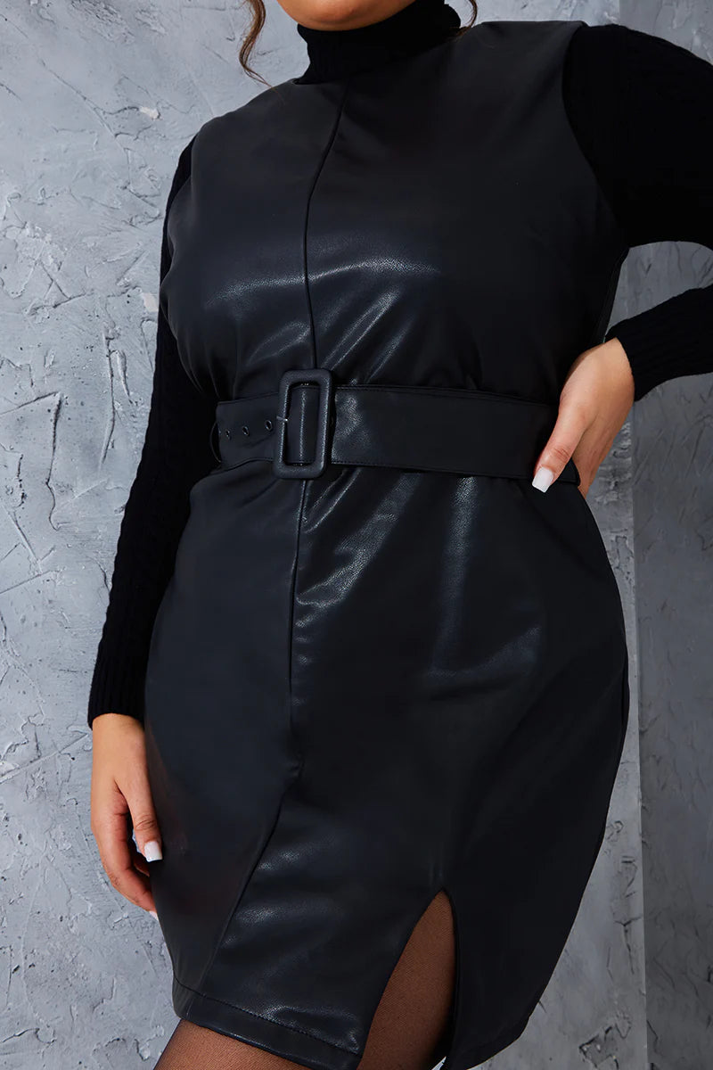 Sleeveless Belted Leather Look Dress