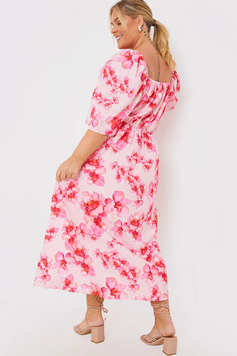 PINK FLORAL FLUTTER SLEEVE MIDAXI DRESS