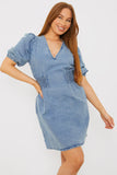 Denim V Neck Shirred Waist Tie Back Mini Dress