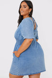 Denim V Neck Shirred Waist Tie Back Mini Dress