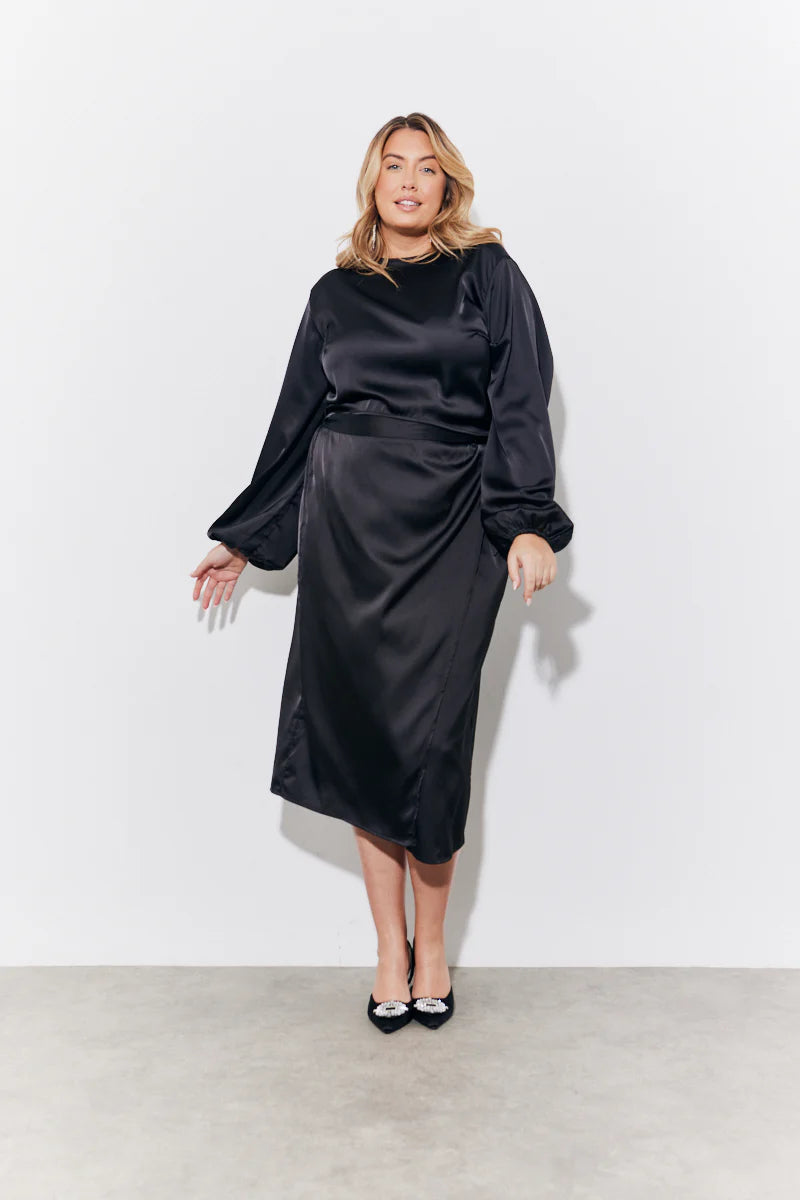 Black Curved Hem Satin Top