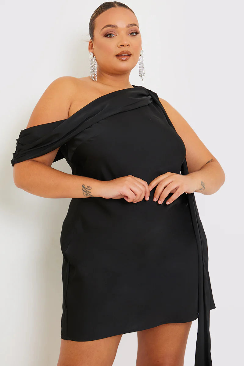 Satin Asymmetric Neckline Mini Dress