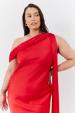 Satin Asymmetric Draped Neckline Midi Dress
