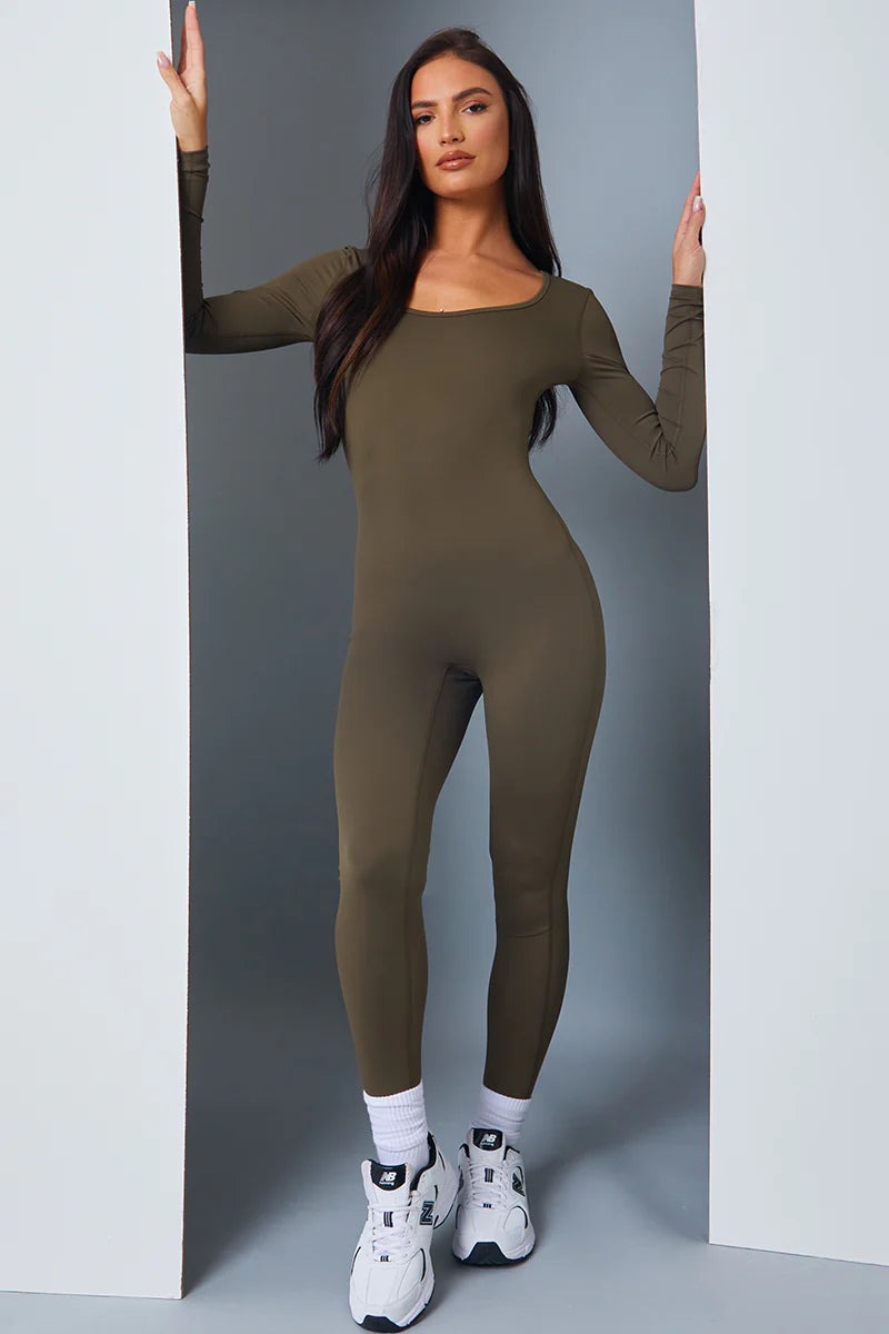 Olive Scoop Neck Long Sleeve Unitard