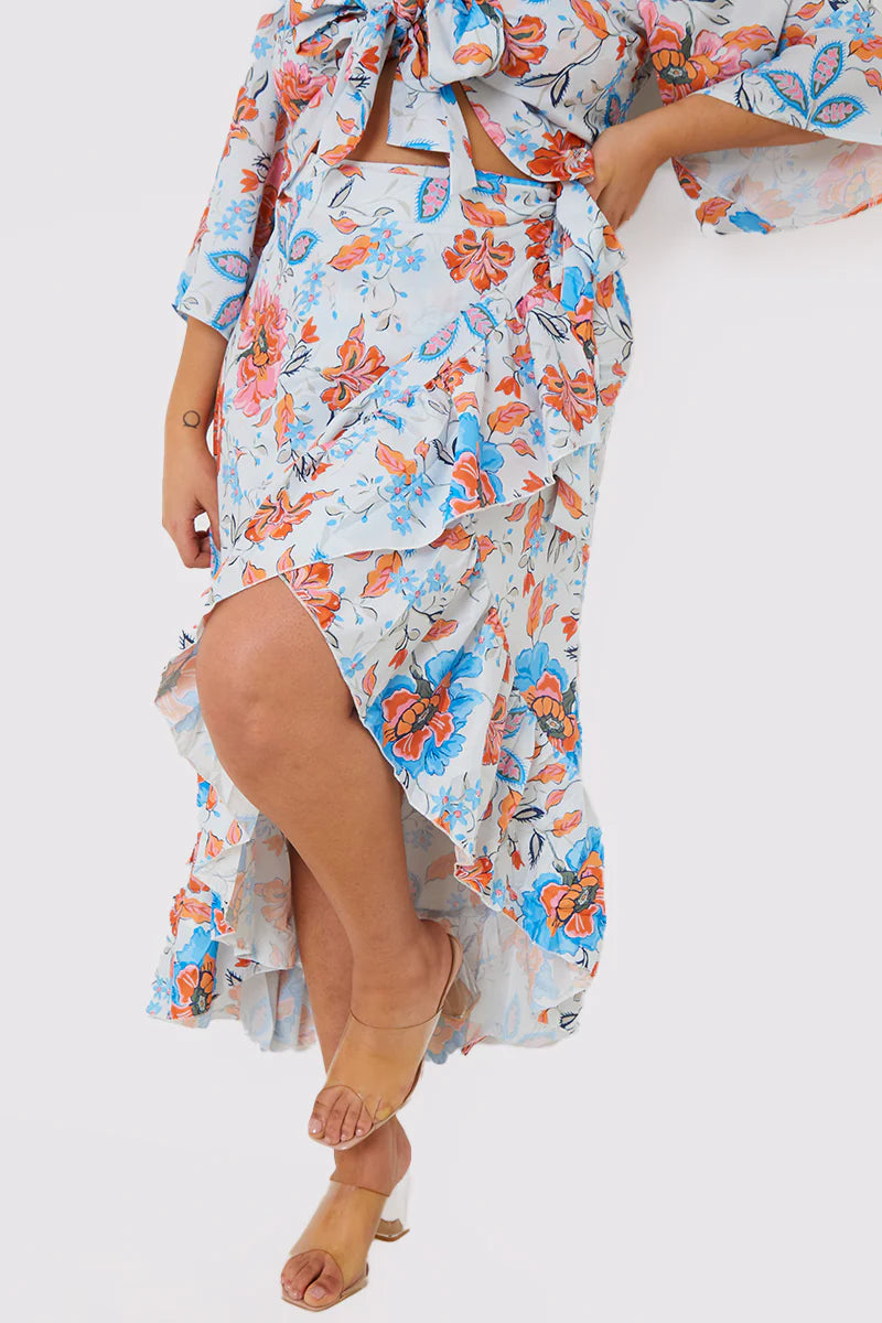 Multi Floral Frill Detail Wrap Maxi Skirt