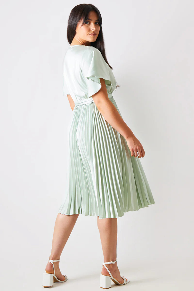 Angel Sleeve Pleated Wrap Midi Dress