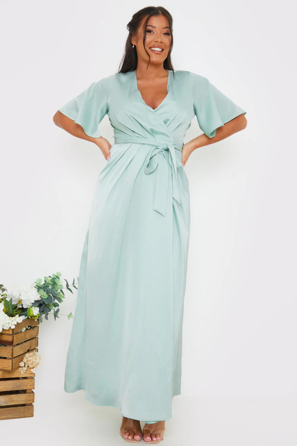 Satin Flutter Sleeve Tie Waist Wrap Dress