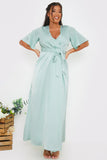 Satin Flutter Sleeve Tie Waist Wrap Dress