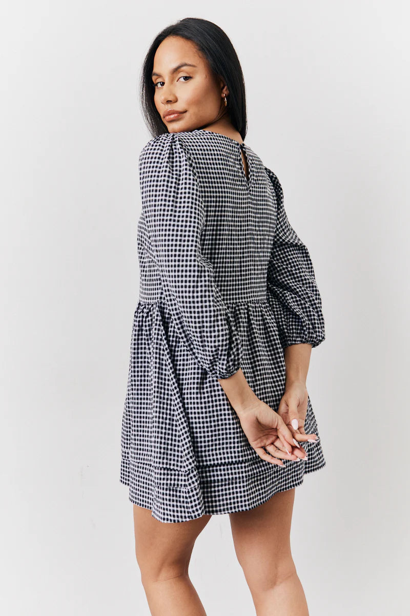 Black Gingham Mini Smock Dress
