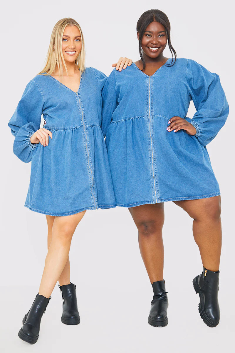 V NECK ZIP THORUGH DENIM MINI DRESS