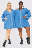 V NECK ZIP THORUGH DENIM MINI DRESS