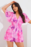 Abstract Floral Chiffon Shirred Waist Playsuit