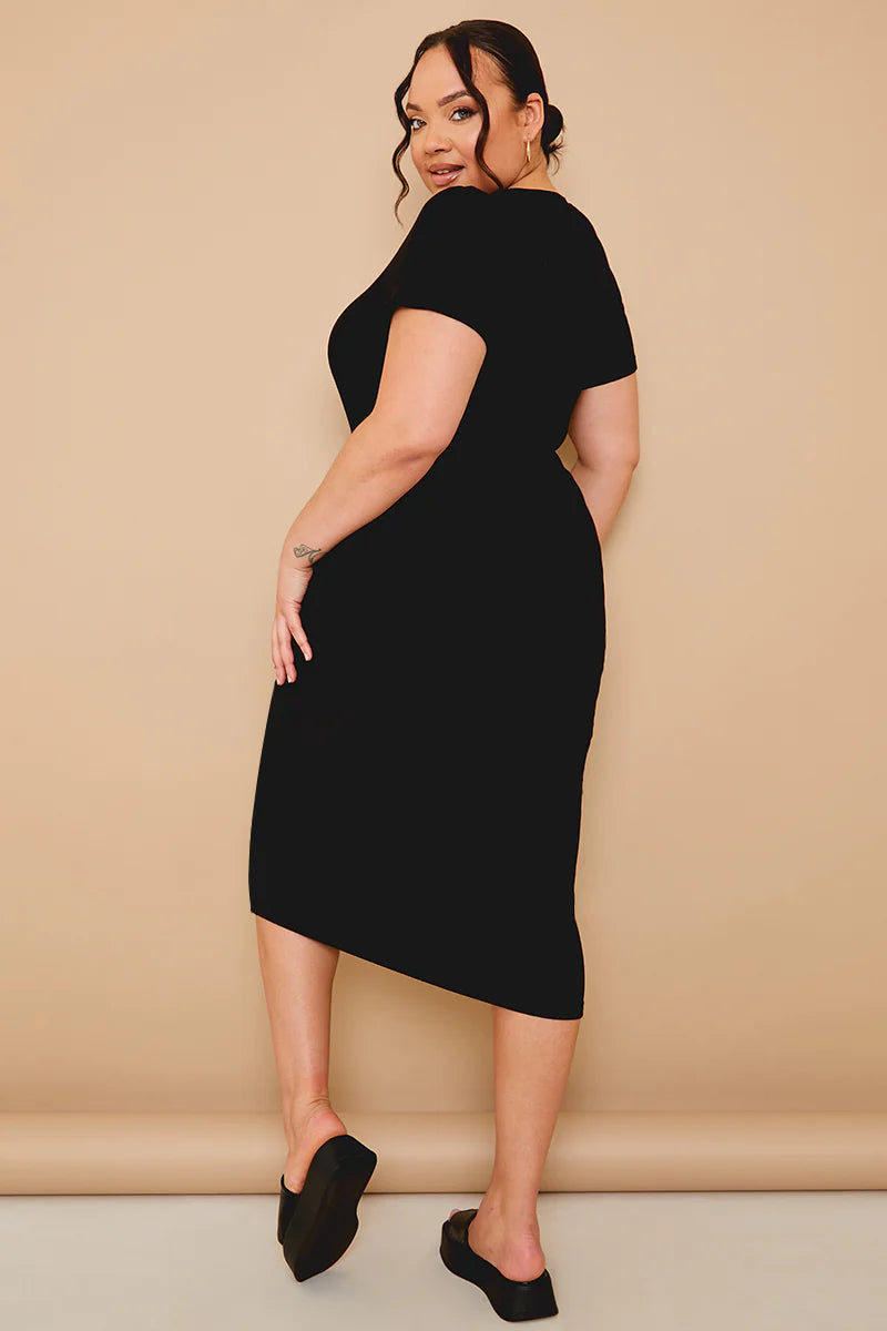 Ribbed Crew Neck Short Sleeve Midi Dress