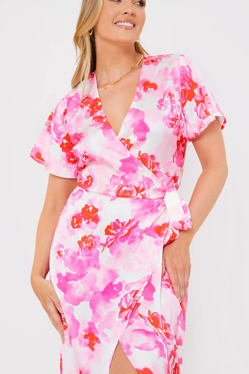 Short Sleeve Satin Wrap Belted Midaxi Dress