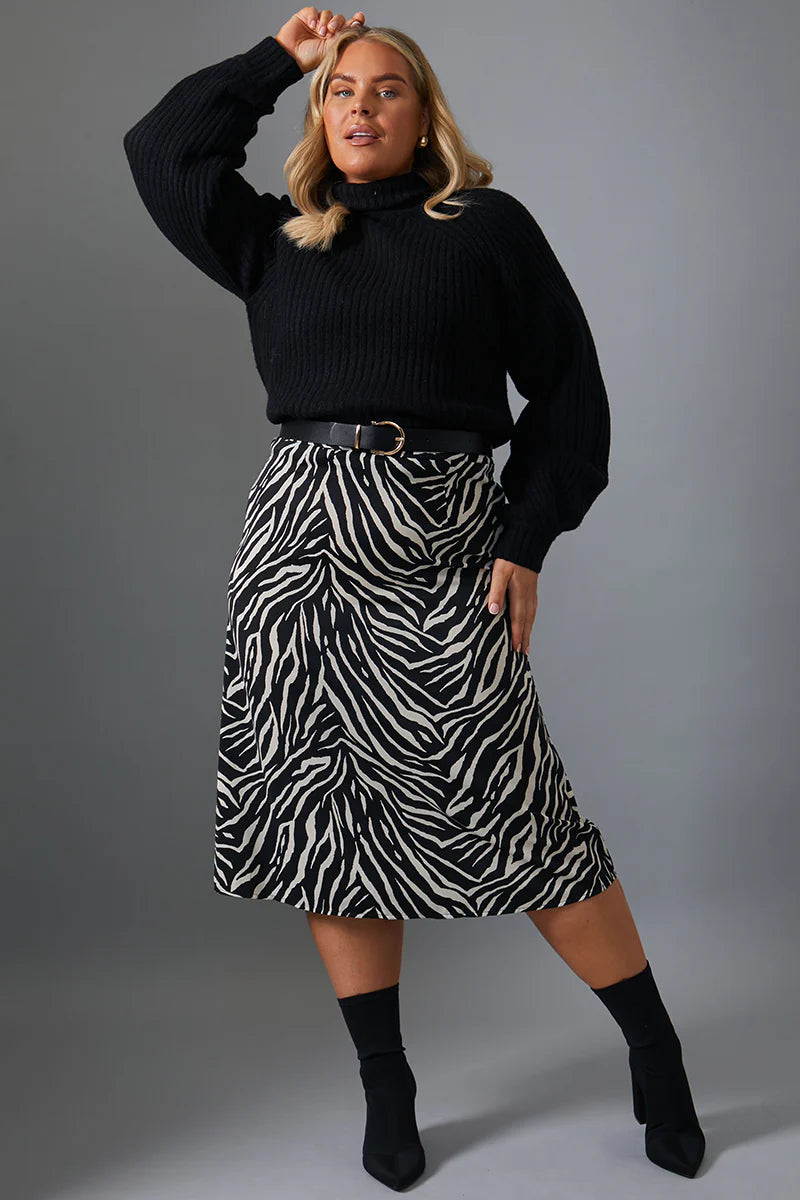 Zebra Print Satin Midi Skirt