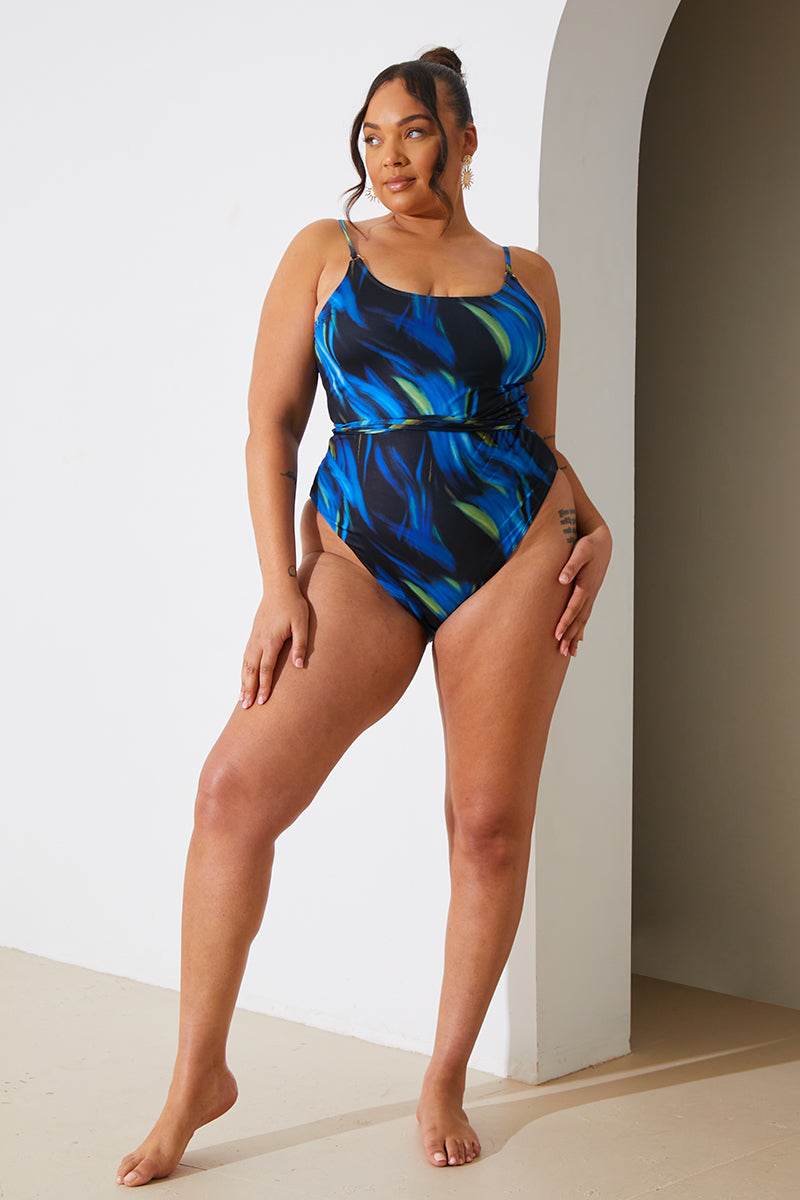 Abstract Print Scoop Neck Gold Trim Belted Swimsuit