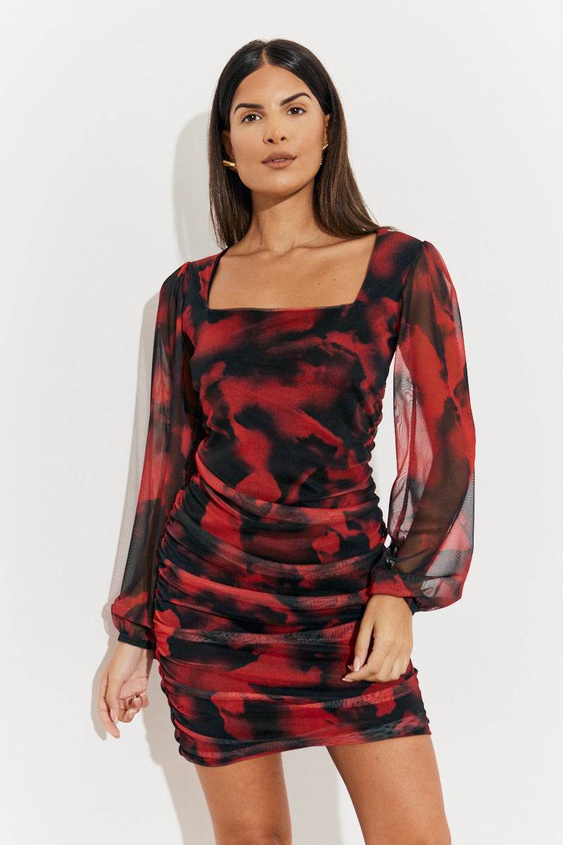 Abstract Print Ruched Mesh Mini Dress