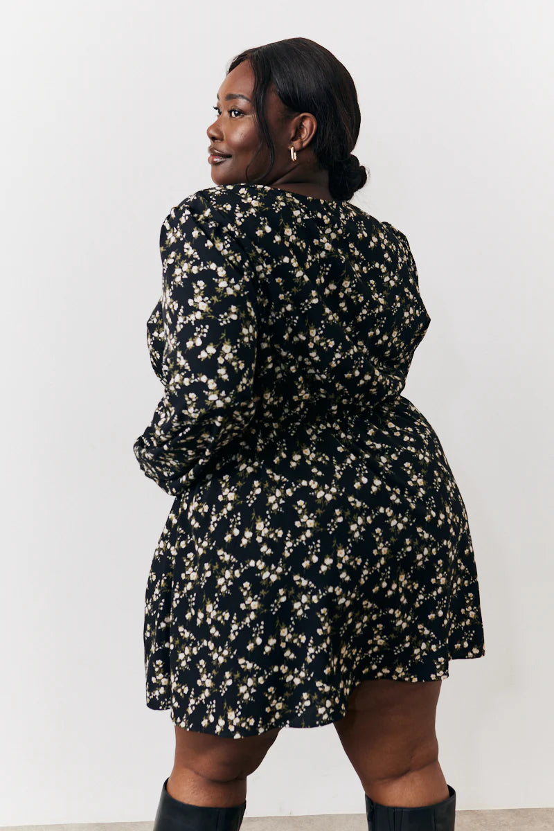 Black Ditsy Floral Printed Mini Wrap Front Dress
