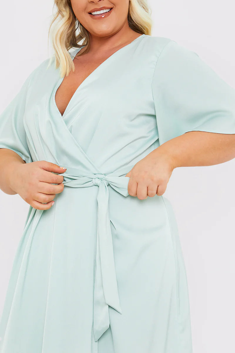 Satin Flutter Sleeve Tie Waist Wrap Dress