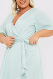 Satin Flutter Sleeve Tie Waist Wrap Dress