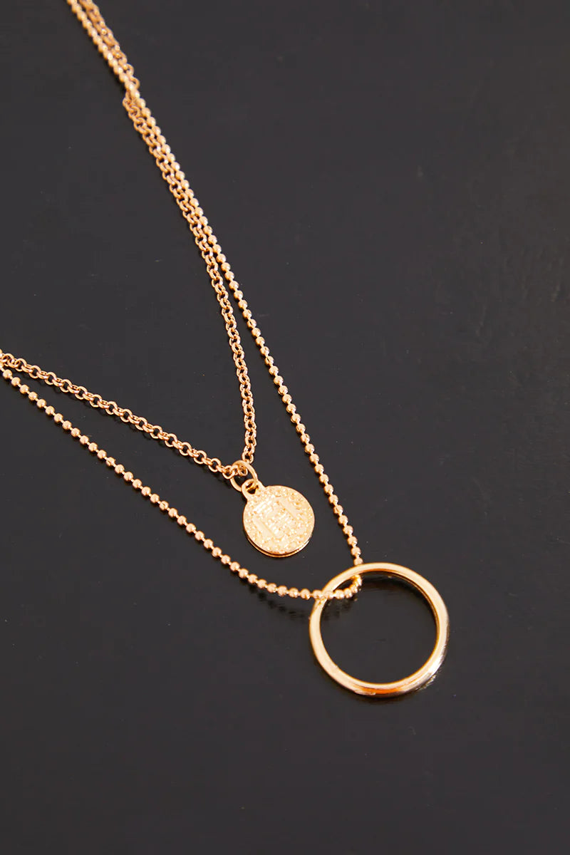 Gold Double Chain Coin Detail Necklace