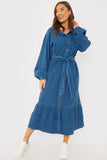 Denim Belted Tiered Midaxi Shirt Dress