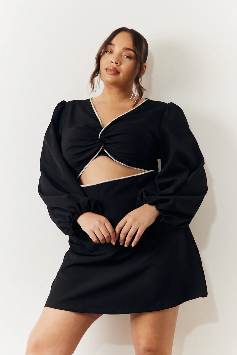 Black Embellished Trim Cut Out Balloon Sleeve Mini Dress