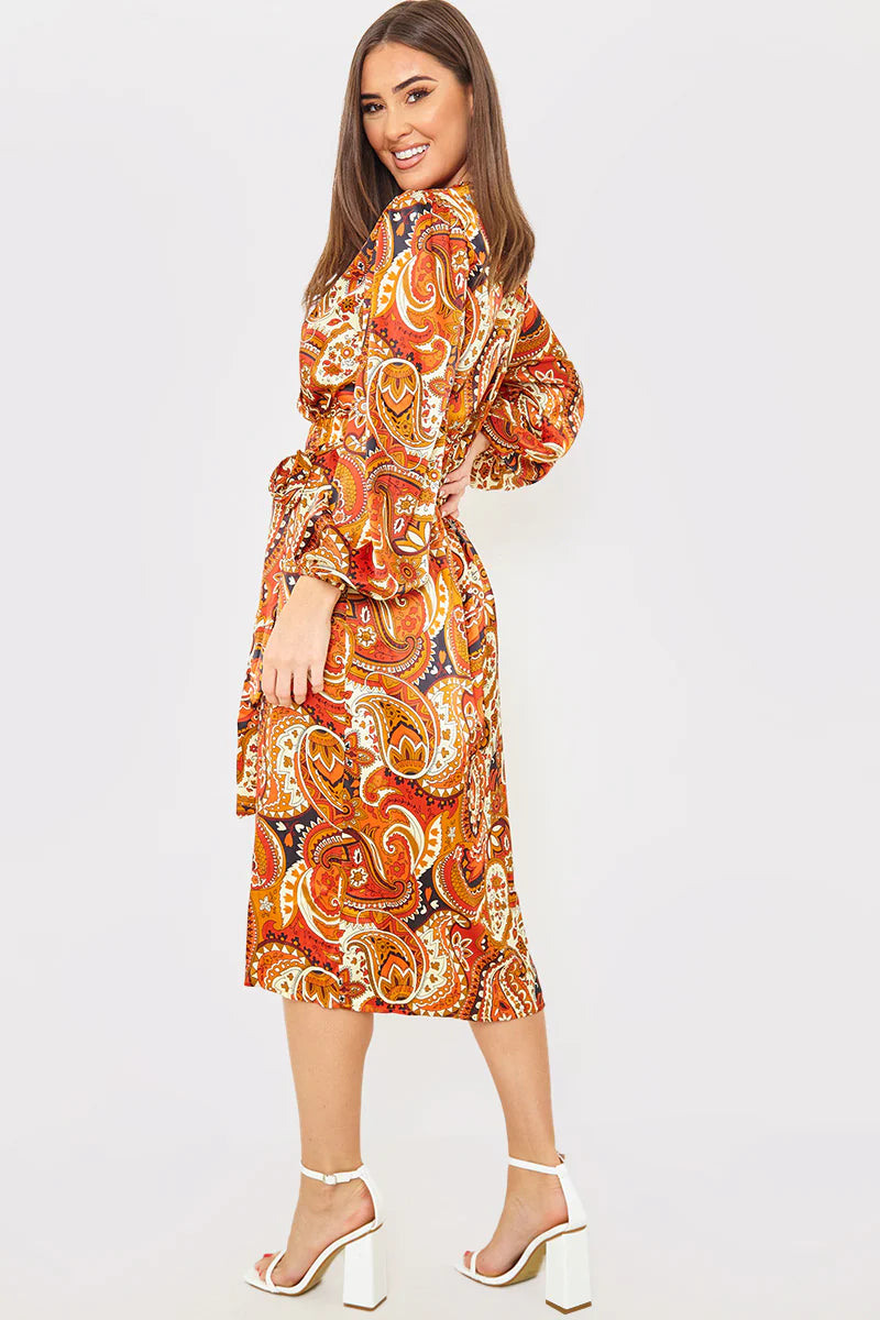 Plunge Balloon Sleeve Belted Midi Dress