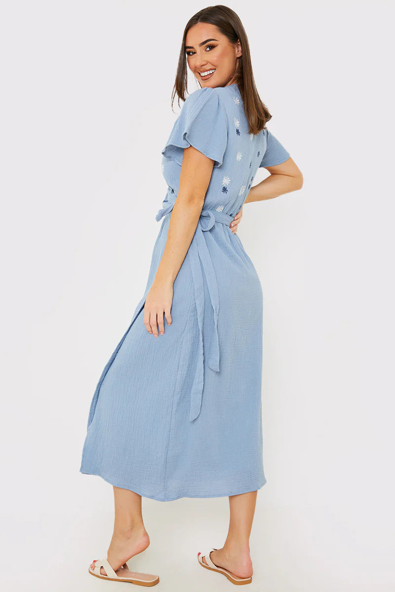 Floral Embroidered Wrap Midi Dress