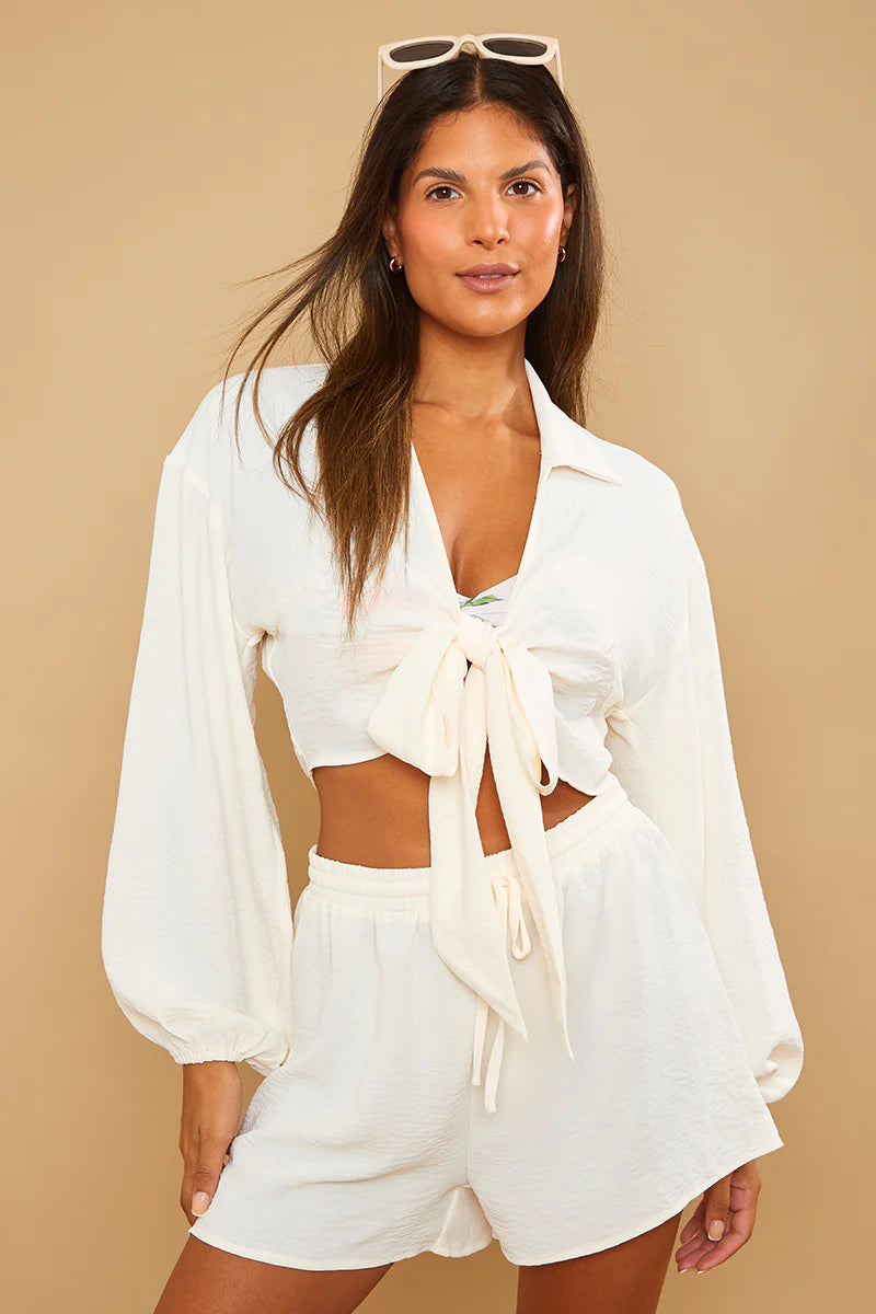 Cropped Tie Front Co-Ord Shirt