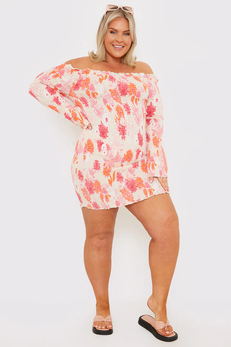 Floral Bardot Shirred Long Sleeve Mini Dress